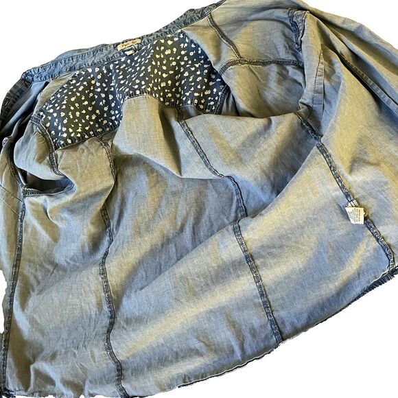 Per Se Shirt Denim Studs Roll Flip Sleeve Floral Blue 1X Button Hippie Boho Y2K - Picture 14 of 16